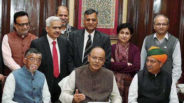 Union minister for finance Arun Jaitley, along with MoS Santosh Kumar Gangwar and Arjun Ram Meghwal, giving final touches to the Union Budget 2017-18. (PTI Photo) Union minister for finance Arun Jaitley, along with MoS Santosh Kumar Gangwar and Arjun Ram Meghwal, giving final touches to the Union Budget 2017-18. (PTI Photo)