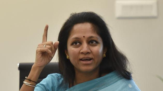 NCP leader Supriya Sule interacts with HT’s journalists during a visit the Mumbai office on Monday.(Kunal Patil/Hindustan Times)