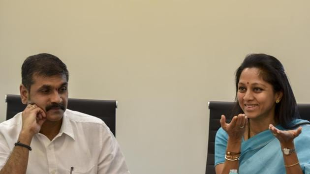 NCP leaders Supriya Sule and Sachin Ahir interact with HT’s journalists at the Mumbai office on Monday.(Kunal Patil/HT)