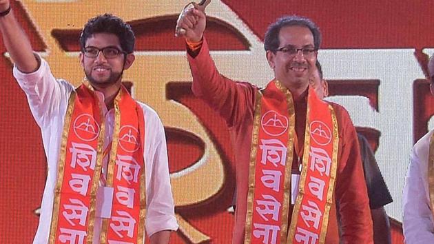 Shiv Sena president Uddhav Thackeray (right) and Yuva Sena leader Aditya Thackeray during the golden jubilee ceremony of the party in Mumbai. (PTI File Photo) Shiv Sena president Uddhav Thackeray (right) and Yuva Sena leader Aditya Thackeray during the golden jubilee ceremony of the party in Mumbai. (PTI File Photo)