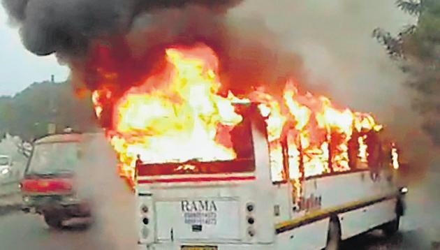 The school bus carrying 35 students and four staff members caught fire near the busy Huda city centre metro station on Monday morning. The school bus carrying 35 students and four staff members caught fire near the busy Huda city centre metro station on Monday morning.