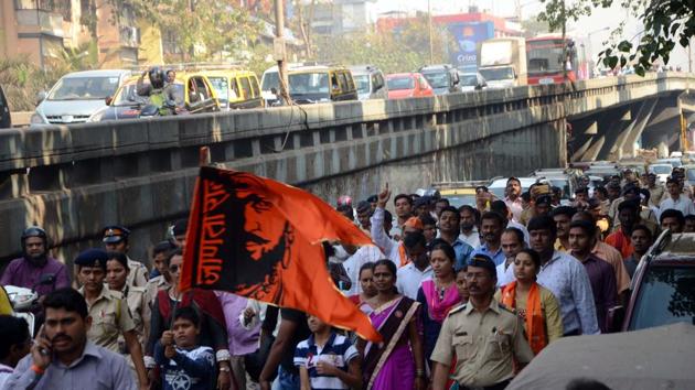 Marathas hold a rasta roko at Dadar on Tuesday. (Sandeep Mahankal)