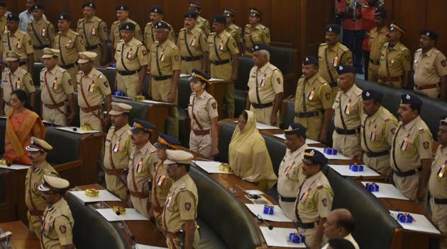 Standing tall: Winners of the President’s Police Medal at the Mumbai police headquarters. (Anshuman Poyrekar/HT PHOTO) 
