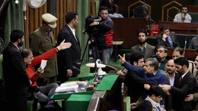 Protests and sloganeering over CM Mehbooba Mufti’s comment on Article 370 forced the Speaker to adjourn the House for 15 minutes. (PTI) Protests and sloganeering over CM Mehbooba Mufti’s comment on Article 370 forced the Speaker to adjourn the House for 15 minutes. (PTI)