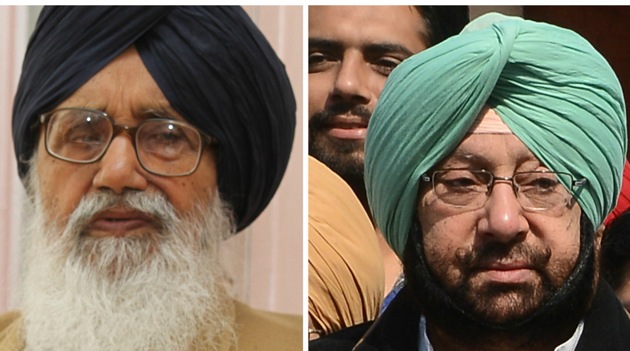 Punjab chief minister Parkash Singh Badal and (left) Punjab Congress chief Captain Amarinder Singh.(HT File Photos)
