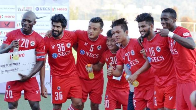 Aizawl FC players celebrate after defeating DSK Shivajians Fc in an I-League match.(AIFF)