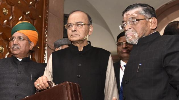 Finance minister Arun Jaitley with with MoS Arjun Ram Meghwal and Santosh Gangwar arrives in the Parliament to present the Union budget for 2017-18 in New Delhi. (Arvind Yadav/HT PHOTO) Finance minister Arun Jaitley with with MoS Arjun Ram Meghwal and Santosh Gangwar arrives in the Parliament to present the Union budget for 2017-18 in New Delhi. (Arvind Yadav/HT PHOTO)