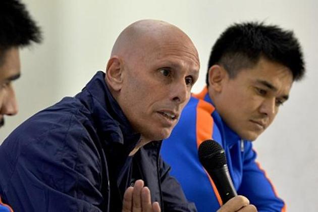 India head coach Stephen Constantine (L) also called for a single-league system at the top of the Indian football pyramid. (AFP/Getty Images) India head coach Stephen Constantine (L) also called for a single-league system at the top of the Indian football pyramid. (AFP/Getty Images)