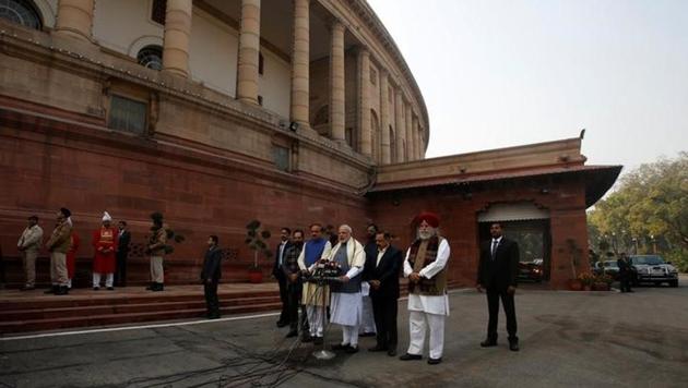 Prime Minister Narendra Modi speaks with the media inside the parliament premises on the first day of the budget session, in New Delhi on Tuesday. (Reuters) Prime Minister Narendra Modi speaks with the media inside the parliament premises on the first day of the budget session, in New Delhi on Tuesday. (Reuters)