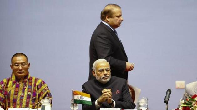 File photo of Bhutan Prime Minister Tshering Tobgay (left), Indian Prime Minister Narendra Modi (centre), and Pakistan Prime Minister Nawaz Sharif (centre, standing) at the opening session of the 18th South Asian Association for Regional Cooperation Summit in Kathmandu on November 26, 2014.(Reuters)