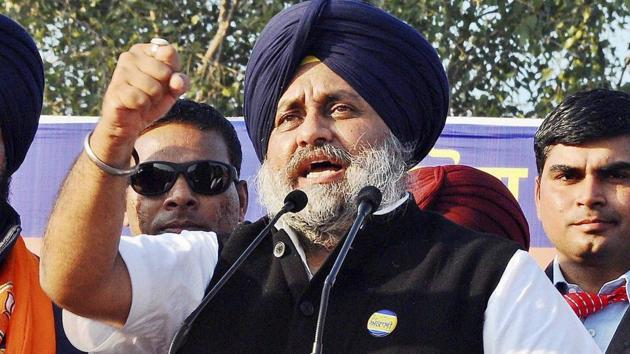 Shiromani Akali Dal president Sukhbir Singh Badal addressing an election rally at Grain Market Budhlada.(PTI Photo)