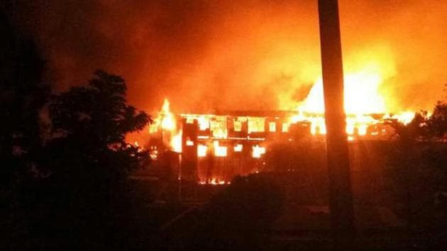 A government building burned down in Kohima on Thursday evening.(HT Photo) A government building burned down in Kohima on Thursday evening.(HT Photo)