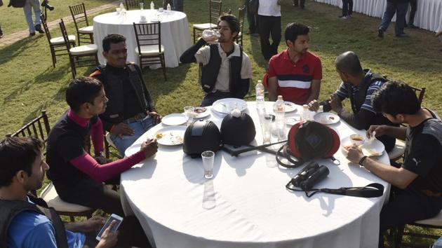 Jockeys share a light moment during the "Breakfast with the Champions", a media meeting, ahead of the Indian Derby. (Anshuman Poyrekar/HT PHOTO)