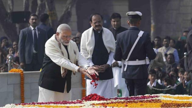 Prime Minister Narendra Modi, pays tributes at Rajghat, a memorial to Mahatma Gandhi, on his death anniversary in New Delhi. There’s nothing dilettante-ish about the government’s celebrations of these anniversaries, especially those around Mohandas Karamchand Gandhi. None other than Prime Minister Narendra Modi has decided he will head the high-level committee that will soon be set up to celebrate these historical dates in a “befitting” manner (AP) Prime Minister Narendra Modi, pays tributes at Rajghat, a memorial to Mahatma Gandhi, on his death anniversary in New Delhi. There’s nothing dilettante-ish about the government’s celebrations of these anniversaries, especially those around Mohandas Karamchand Gandhi. None other than Prime Minister Narendra Modi has decided he will head the high-level committee that will soon be set up to celebrate these historical dates in a “befitting” manner (AP)