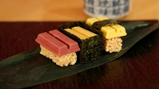 Nestle unveiled sushi-shaped versions of its KitKat chocolate biscuit bar in Tokyo on Thursday. (REUTERS) Nestle unveiled sushi-shaped versions of its KitKat chocolate biscuit bar in Tokyo on Thursday. (REUTERS)
