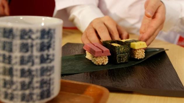 The “sushi” KitKats are not for sale, but customers who spend more than 3,000 yen ($26) in Nestle’s new KitKat store in Tokyo’s Ginza shopping district will receive a pack as a gift from Friday. (REUTERS) The “sushi” KitKats are not for sale, but customers who spend more than 3,000 yen ($26) in Nestle’s new KitKat store in Tokyo’s Ginza shopping district will receive a pack as a gift from Friday. (REUTERS)