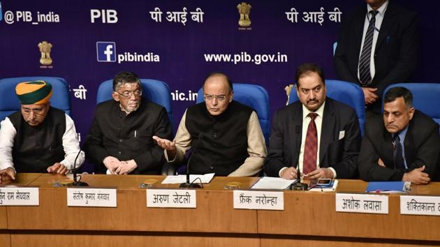 Finance minister Arun Jaitley addresses a post-budget press conference, in New Delhi.