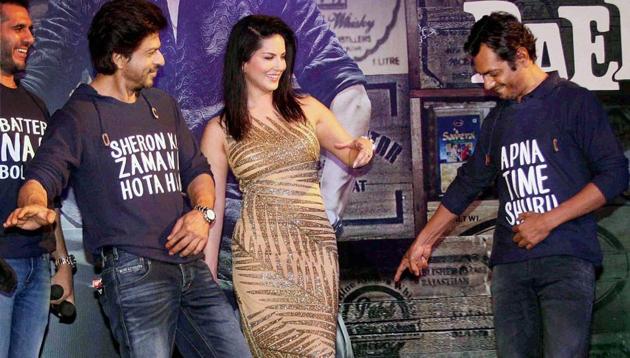 Shah Rukh Khan, Sunny Leone and Nawazuddin had a good time at the success party of Raees. (PTI)