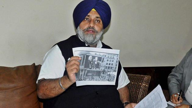 SAD President Sukhbir Singh Badal addressing a press conference in Badal Village in Muktsar. (PTI)
