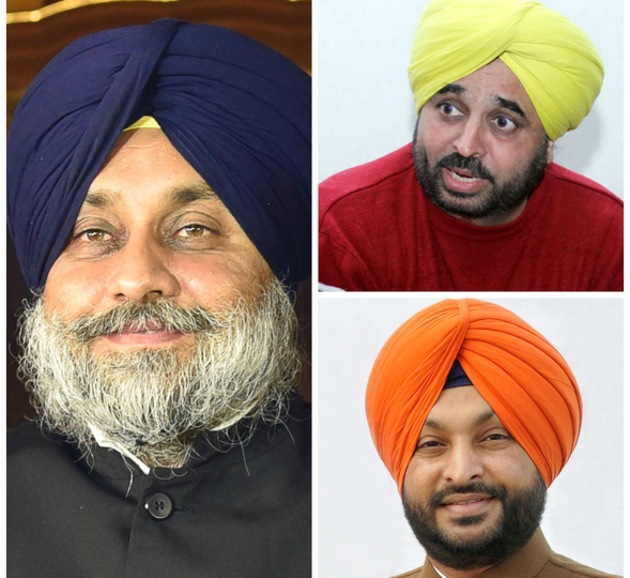 (cloclwise from left) Punjab deputy chief minister Sukhbir Singh Badal (SAD), Bhagwant Mann (AAP) and Ravneet Singh Bittu (Congress).(HT File Photos)