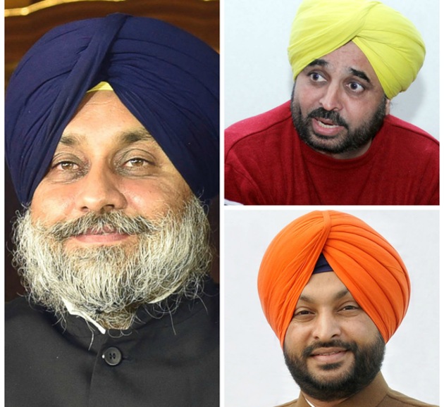 (cloclwise from left) Punjab deputy chief minister Sukhbir Singh Badal (SAD), Bhagwant Mann (AAP) and Ravneet Singh Bittu (Congress).(HT File Photos) (cloclwise from left) Punjab deputy chief minister Sukhbir Singh Badal (SAD), Bhagwant Mann (AAP) and Ravneet Singh Bittu (Congress).(HT File Photos)