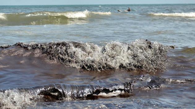 Oil slick floats along the Chennai coast. 