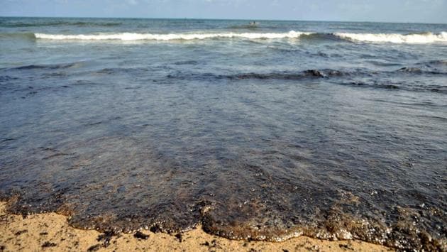 Sludge of oil along the coastline at Ernavoor, north Chennai. 