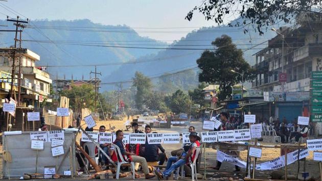 Bandh supporters block the highway during a strike call given by Joint Coordination Committee against 33% Women Reservation and killing of two person in police firing in Dimapur, Nagaland on Friday, Feb. 3, 2017.(PTI)