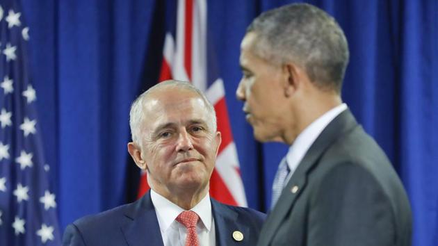 In this November 20, 2016, file photo, Australia's Prime Minister Malcolm Turnbull talks with former US President Barack Obama following their meeting at the Asia-Pacific Economic Cooperation (APEC), in Lima, Peru.(AP file) In this November 20, 2016, file photo, Australia's Prime Minister Malcolm Turnbull talks with former US President Barack Obama following their meeting at the Asia-Pacific Economic Cooperation (APEC), in Lima, Peru.(AP file)