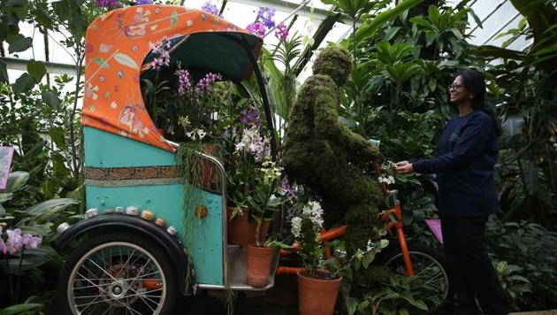 An employee poses next to a rickshaw displaying different kinds of orchids during the Orchid Festival at the Royal Botanic Gardens in Kew, west London. (AFP photo) An employee poses next to a rickshaw displaying different kinds of orchids during the Orchid Festival at the Royal Botanic Gardens in Kew, west London. (AFP photo)