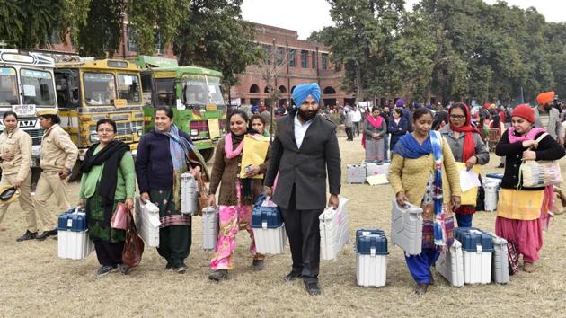 Poll officials all set with equipment in Amritsar on Friday, February 3.(Gurpreet Singh/HT)