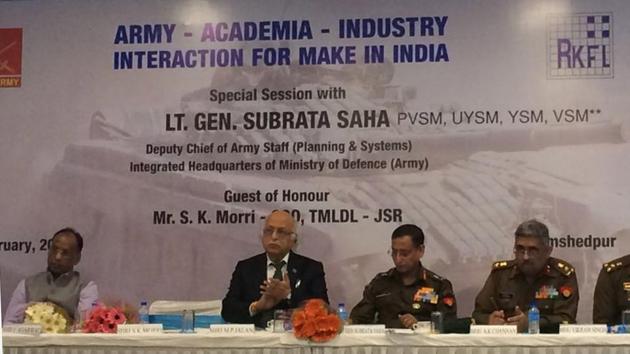 Dignitaries attending the programme on “Army -Academia – Industry Interaction for Make in India “ in Jamshedpur on Thursday,(HT Photo) Dignitaries attending the programme on “Army -Academia – Industry Interaction for Make in India “ in Jamshedpur on Thursday,(HT Photo)