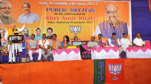 BJP President Amit Shah addressing a BJP election meeting in Vasco town, Goa. The BJP is hopeful of returning to power in the state despite crucial issues working against it this time. (PTI) BJP President Amit Shah addressing a BJP election meeting in Vasco town, Goa. The BJP is hopeful of returning to power in the state despite crucial issues working against it this time. (PTI)
