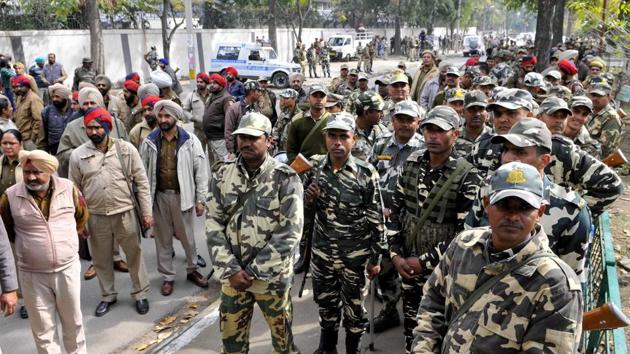 Security forces deployed for Punjab election 2017 in Mohali, on Friday. (Keshav Singh/HT)