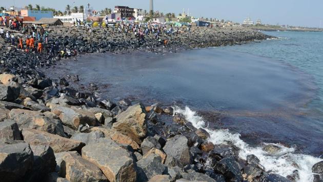 Coast Guard Pollution Response Team tackles the oil spill in the sea at Ernavoor. A report by Indian National Centre for Ocean Information Services says that the spillage has polluted 24.06 km of the Chennai’s coastline. 