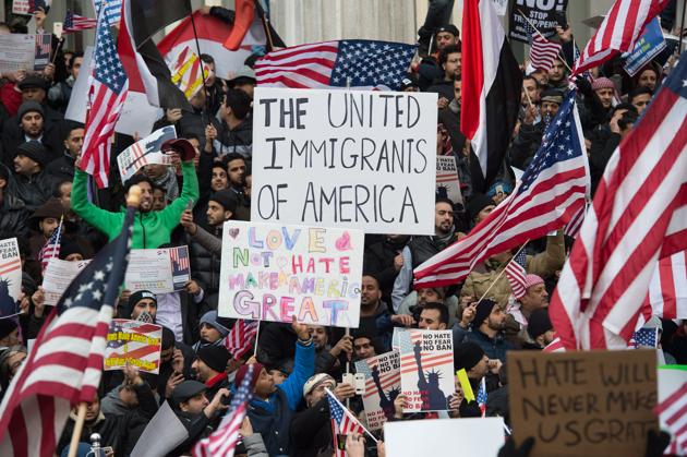 People protest on Thursday in New York against US President Donald Trump's executive order banning immigrants and refugees from seven Muslim-majority countries.(AFP)