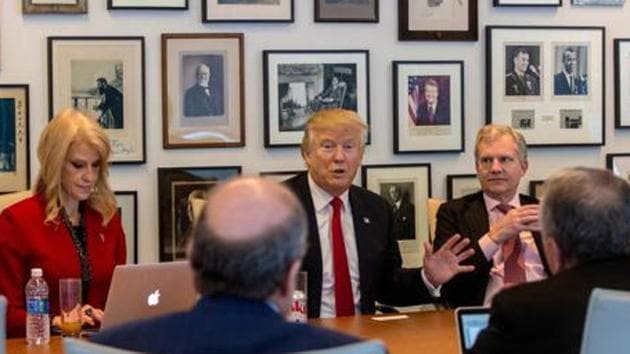 Kellyanne Conway, 9extreme left) ,and President-elect Donald Trump and others during a meeting with editors and reporters at The New York Times building, Tuesday, Nov. 22, 2016 in New York. (AP File) Kellyanne Conway, 9extreme left) ,and President-elect Donald Trump and others during a meeting with editors and reporters at The New York Times building, Tuesday, Nov. 22, 2016 in New York. (AP File)