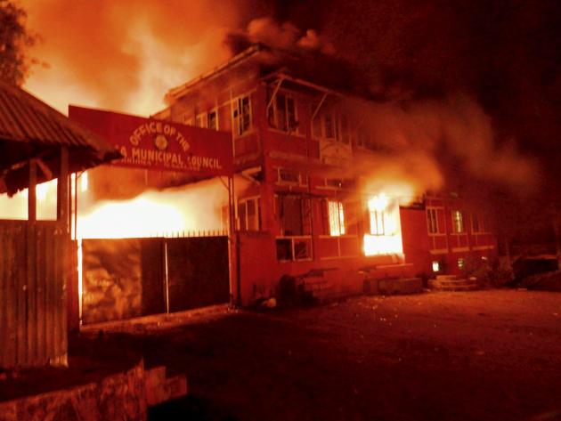 Naga tribals set ablaze the Kohima Municipal Council office and the office of the district collector to protest against chief minister TR Zeliang’s refusal to meet their ultimatum, in Kohima, February 2(PTI)