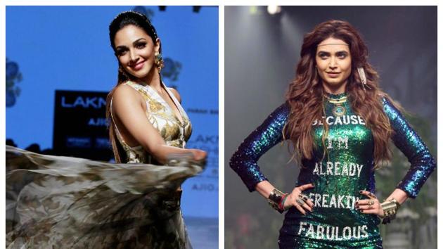 Actors Kiara Advani, sporting a designer Farah Sanjana dress, and Karishma Tanna, walking the ramp for fashion brand Splash at the fashion week. (PTI) Actors Kiara Advani, sporting a designer Farah Sanjana dress, and Karishma Tanna, walking the ramp for fashion brand Splash at the fashion week. (PTI)