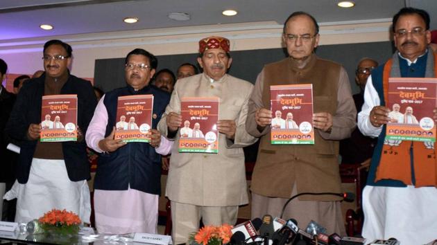 Finance minister Arun Jaitley along with BJP Uttarakhand president Ajay Bhatt, party incharge for the state Shyam Jaju and other leaders releasing the party's vision document in Dehradun on Saturday. (PTI) Finance minister Arun Jaitley along with BJP Uttarakhand president Ajay Bhatt, party incharge for the state Shyam Jaju and other leaders releasing the party's vision document in Dehradun on Saturday. (PTI)
