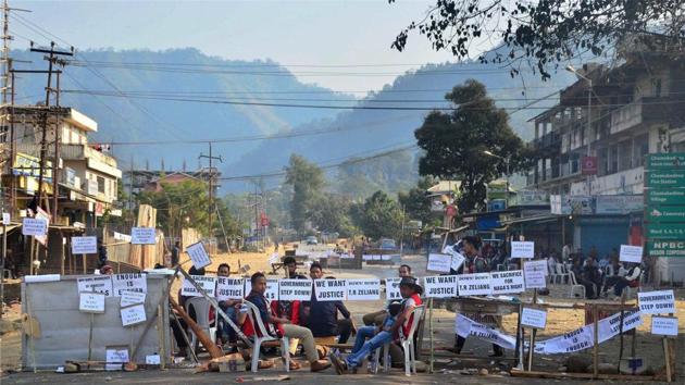 Protesters block the highway during a strike call given by joint coordination committee against 33% women’s reservation in Dimapur, Nagaland.(PTI File Photo) Protesters block the highway during a strike call given by joint coordination committee against 33% women’s reservation in Dimapur, Nagaland.(PTI File Photo)