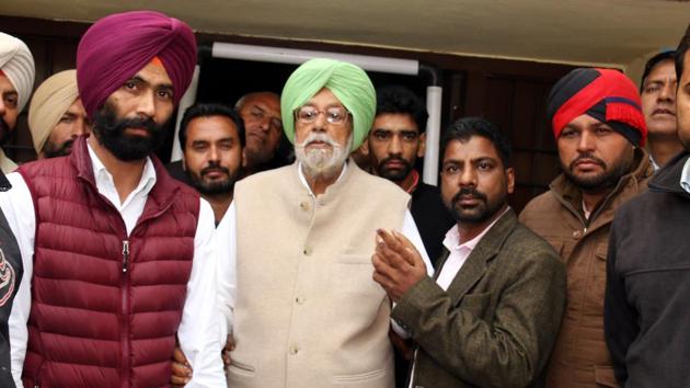 Gurdas Badal after casting his vote in Badal village on Saturday. (Sanjeev Kumar/HT photo)