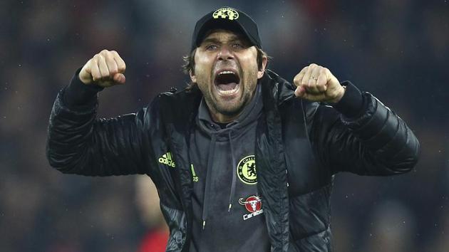 Chelsea's manager Antonio Conte celebrates at the final whistle of their Premier League match against Liverpool. (AP) Chelsea's manager Antonio Conte celebrates at the final whistle of their Premier League match against Liverpool. (AP)