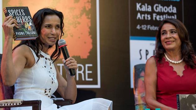 Author and TV host Padma Lakshmi reads an excerpt from her latest book at the festival. (Satish Bate/HT PHOTO)