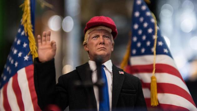 In this photograph taken on February 3, a prototype figurine replica of US President Donald Trump, made by toymaker Dragon in Dream (DiD), is displayed in Hong Kong toy shop Seven. A Hong Kong doll maker with a history of creating figurines of controversial world leaders has launched a replica of US President Donald Trump complete with replaceable heads and hands.(AFP) In this photograph taken on February 3, a prototype figurine replica of US President Donald Trump, made by toymaker Dragon in Dream (DiD), is displayed in Hong Kong toy shop Seven. A Hong Kong doll maker with a history of creating figurines of controversial world leaders has launched a replica of US President Donald Trump complete with replaceable heads and hands.(AFP)
