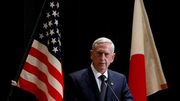 US defence secretary Jim Mattis speaks at a joint news conference with Japan's defence minister Tomomi Inada after their meeting at the defence ministry in Tokyo.(Reuters Photo)