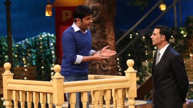 Akshay Kumar and stand-up comedian Kapil Sharma during the promotion of film Jolly LLB 2 on the sets of The Kapil Sharma Show in Mumbai. (IANS)