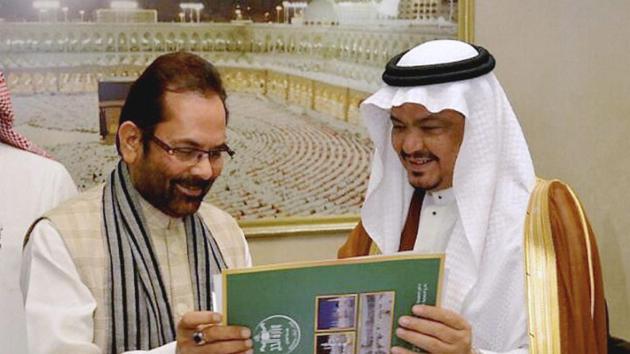 Union minister of state for minority Affairs (Independent charge) Mukhtar Abbas Naqvi while signing of bilateral Haj agreement between India-Saudi Arabia with Haj minister of Saudi Arabia , Mohammad Saleh bin Taher Benten at Jeddah (Saudi Arabia) in January. (PTI file photo) Union minister of state for minority Affairs (Independent charge) Mukhtar Abbas Naqvi while signing of bilateral Haj agreement between India-Saudi Arabia with Haj minister of Saudi Arabia , Mohammad Saleh bin Taher Benten at Jeddah (Saudi Arabia) in January. (PTI file photo)