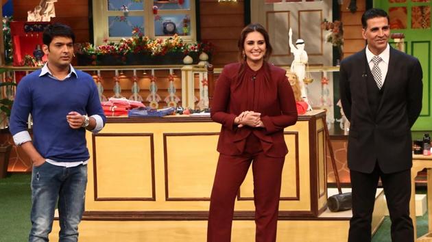 Mumbai: Stand-up comedian Kapil Sharma, actors Huma Qureshi and Akshay Kumar during the promotion of film Jolly LLB 2 on the sets of The Kapil Sharma Show in Mumbai. (IANS)