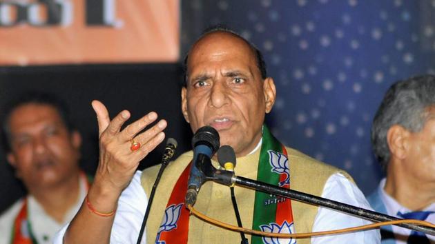 Home minister Rajnath Singh at a public meeting for assembly polls on Friday.(PTI File) Home minister Rajnath Singh at a public meeting for assembly polls on Friday.(PTI File)